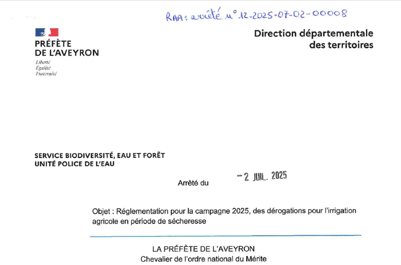 Lire la suite à propos de l’article Arrêté préfectoral : Réglementation pour la campagne 2025 des dérogations pour l’irrigation agricole en période de sécheresse